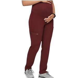 FIGS YOLA Skinny Maternity Scrub Pants Burgundy 11 Pockets Women's Sz Small EUC